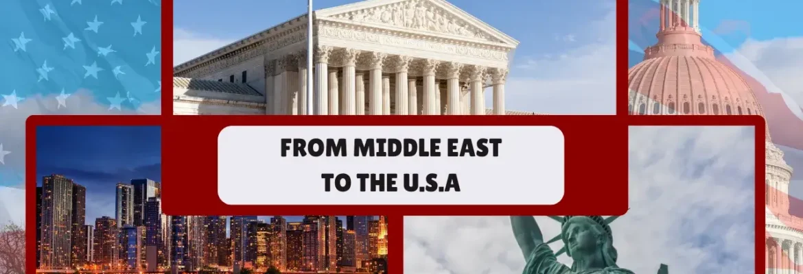 From Middle East to USA: EB-3 visa opportunity collage with U.S. Supreme Court, Capitol building, Statue of Liberty, American flag, and modern city skylines