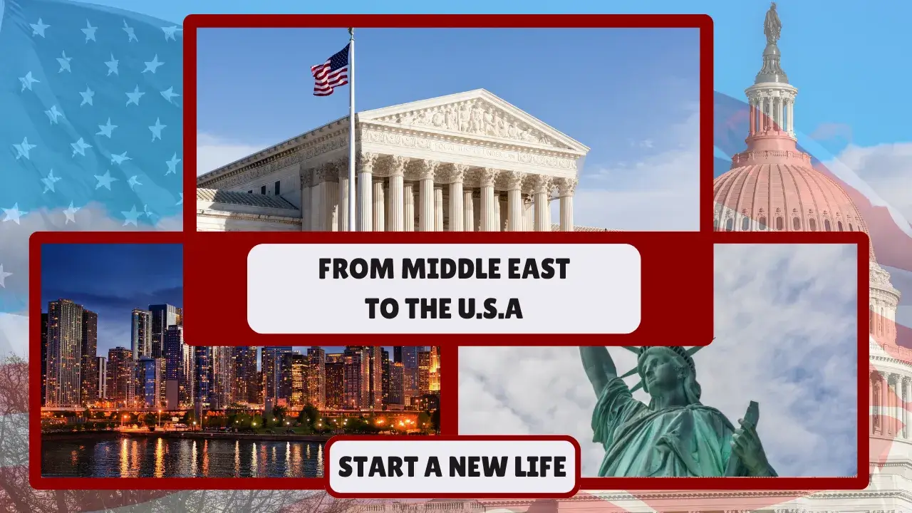 From Middle East to USA: EB-3 visa opportunity collage with U.S. Supreme Court, Capitol building, Statue of Liberty, American flag, and modern city skylines