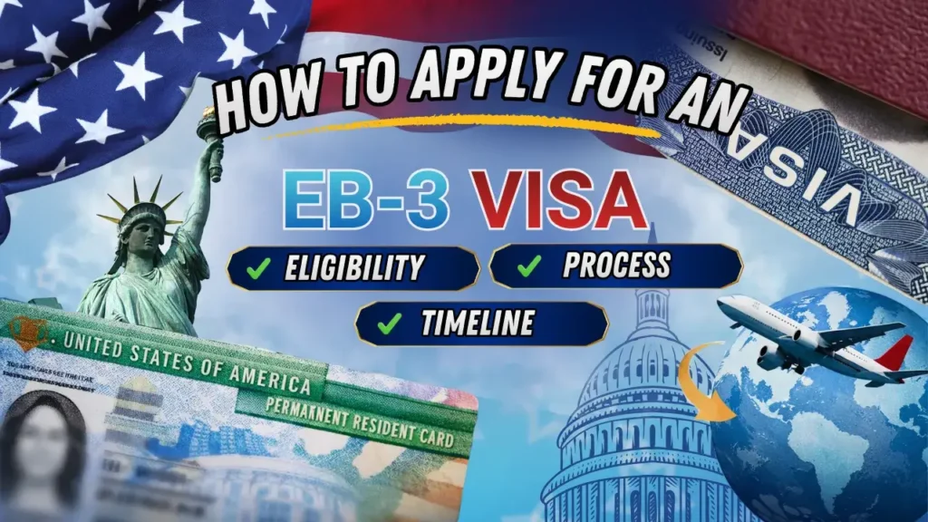 EB-3 Visa application banner: How to apply for EB-3 Green Card – eligibility, process & timeline with Statue of Liberty, US flag and permanent resident card 2026