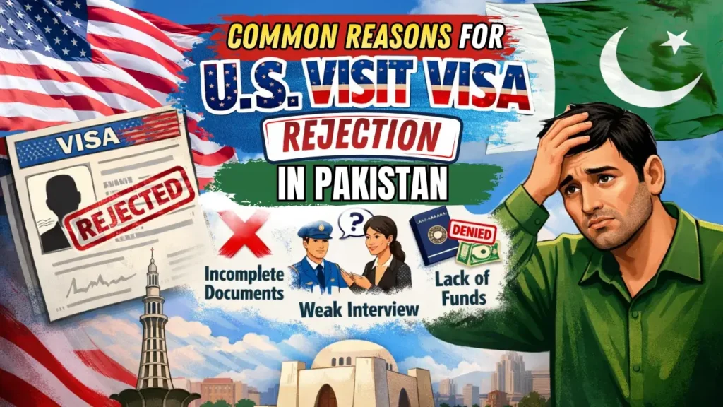 Illustration showing common reasons for U.S. visit visa rejection in Pakistan, such as incomplete documents, weak interview, and insufficient funds.