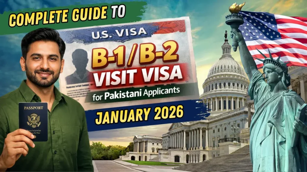 Complete guide to US B1 B2 visit visa for Pakistani applicants showing passport, U.S. Capitol, and Statue of Liberty – January 2026