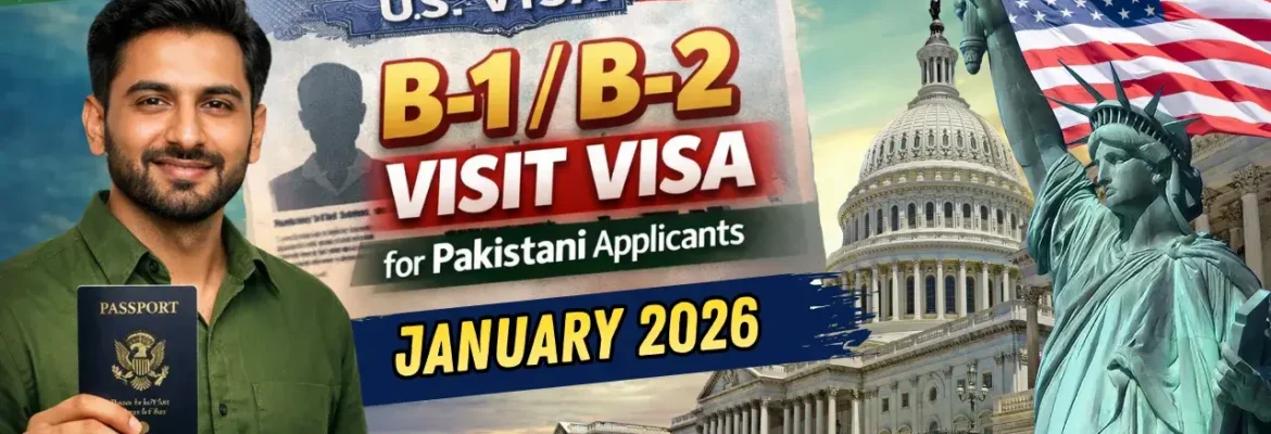 Complete guide to US B1 B2 visit visa for Pakistani applicants showing passport, U.S. Capitol, and Statue of Liberty – January 2026