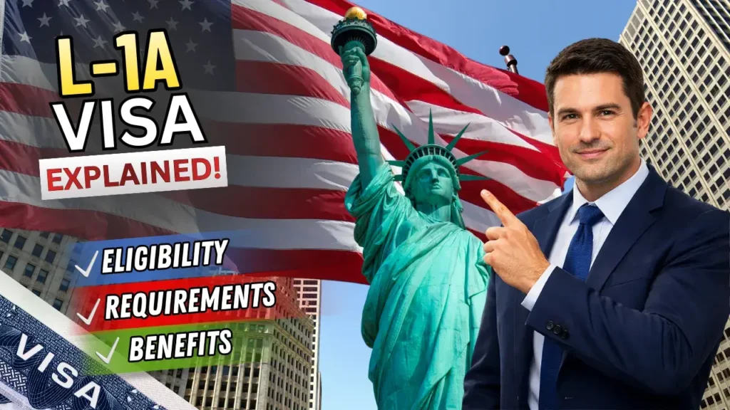 L-1A Visa explained thumbnail: Businessman pointing at Statue of Liberty with US flag, text on eligibility, requirements, and benefits