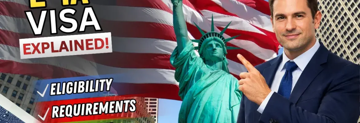 L-1A Visa explained thumbnail: Businessman pointing at Statue of Liberty with US flag, text on eligibility, requirements, and benefits