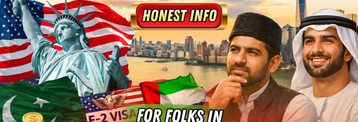 E2 US investor visa 2026 honest guide thumbnail for Pakistan and UAE applicants, consultants with Statue of Liberty, American flag, cash investment symbols, Pakistan UAE flags