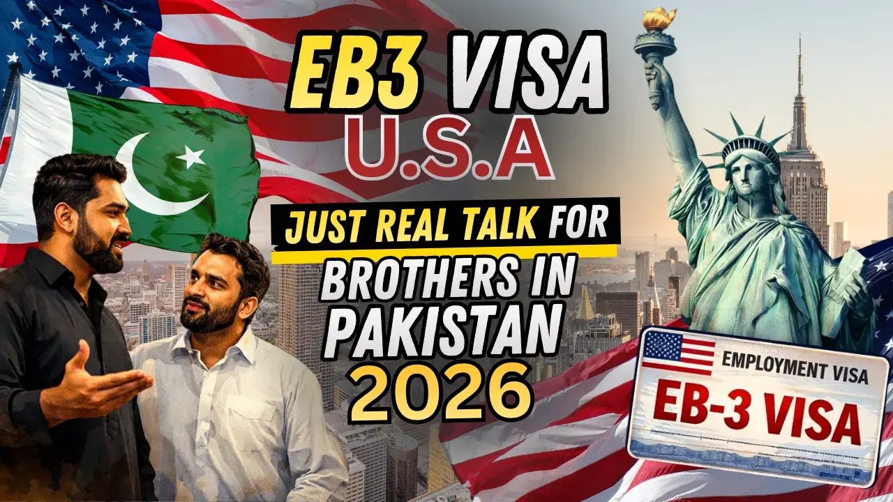 EB3 visa USA 2026 real talk thumbnail for Pakistanis, consultants discussing employment-based green card with US and Pakistan flags, Statue of Liberty background