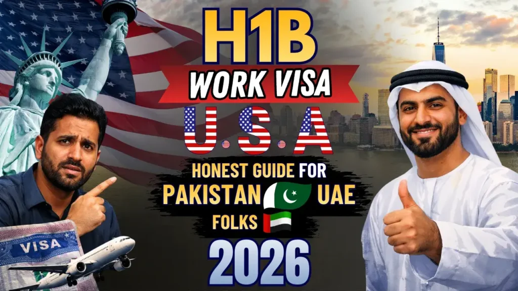 H1B work visa USA 2026 honest guide thumbnail for Pakistani and UAE applicants with consultants, American and UAE flags, NYC Dubai skylines